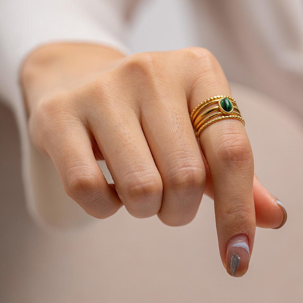 Malachite Open Ring – Trendy 18K Gold Plated Statement - Image 3