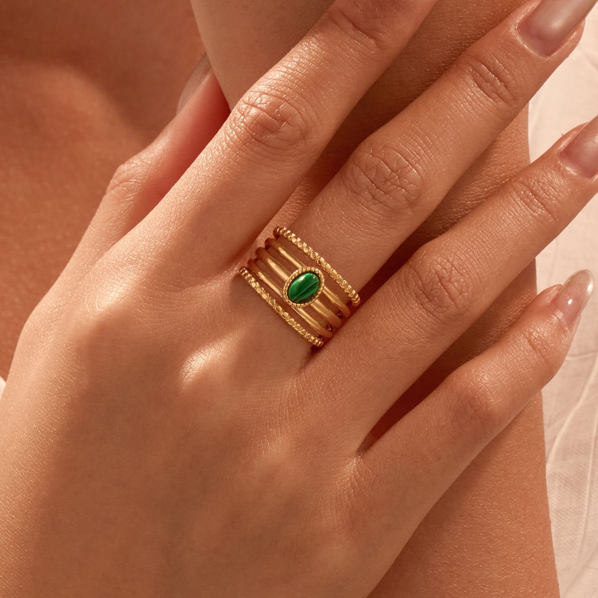 Malachite Open Ring – Trendy 18K Gold Plated Statement - Image 4