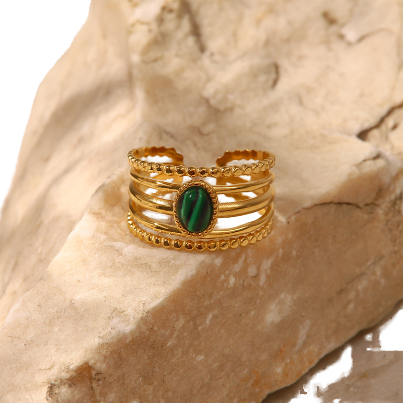Malachite Open Ring – Trendy 18K Gold Plated Statement - Image 5