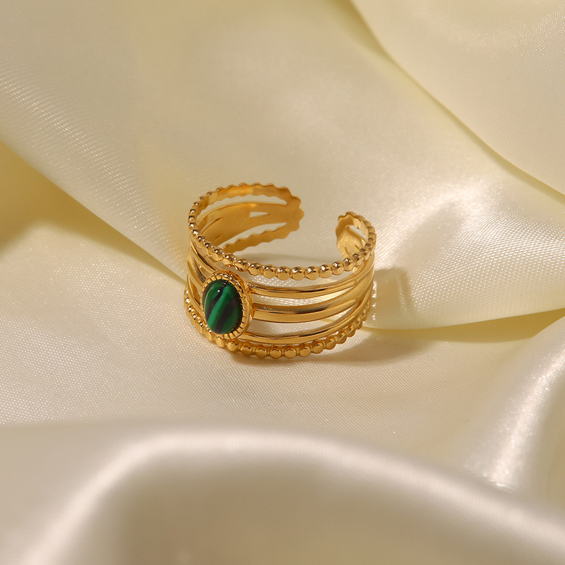 Malachite Open Ring – Trendy 18K Gold Plated Statement - Image 6