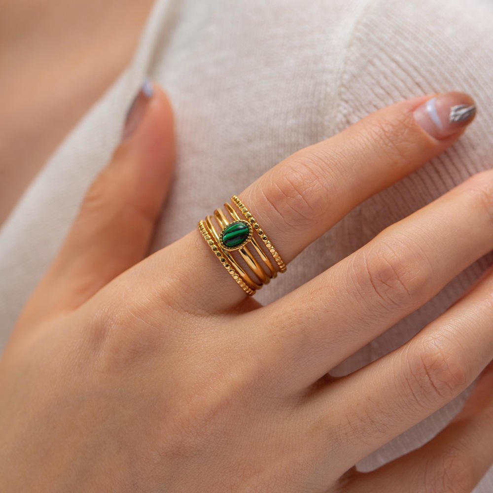Malachite Open Ring – Trendy 18K Gold Plated Statement - Image 7
