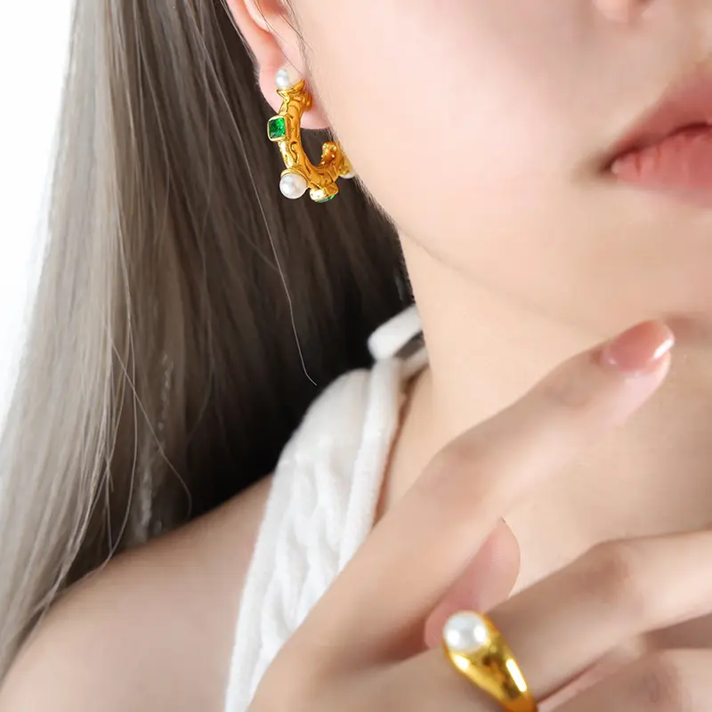 Pearl Green CZ Hoop Earrings – Radiant Elegance in 18K Gold Plated Shine - Image 6
