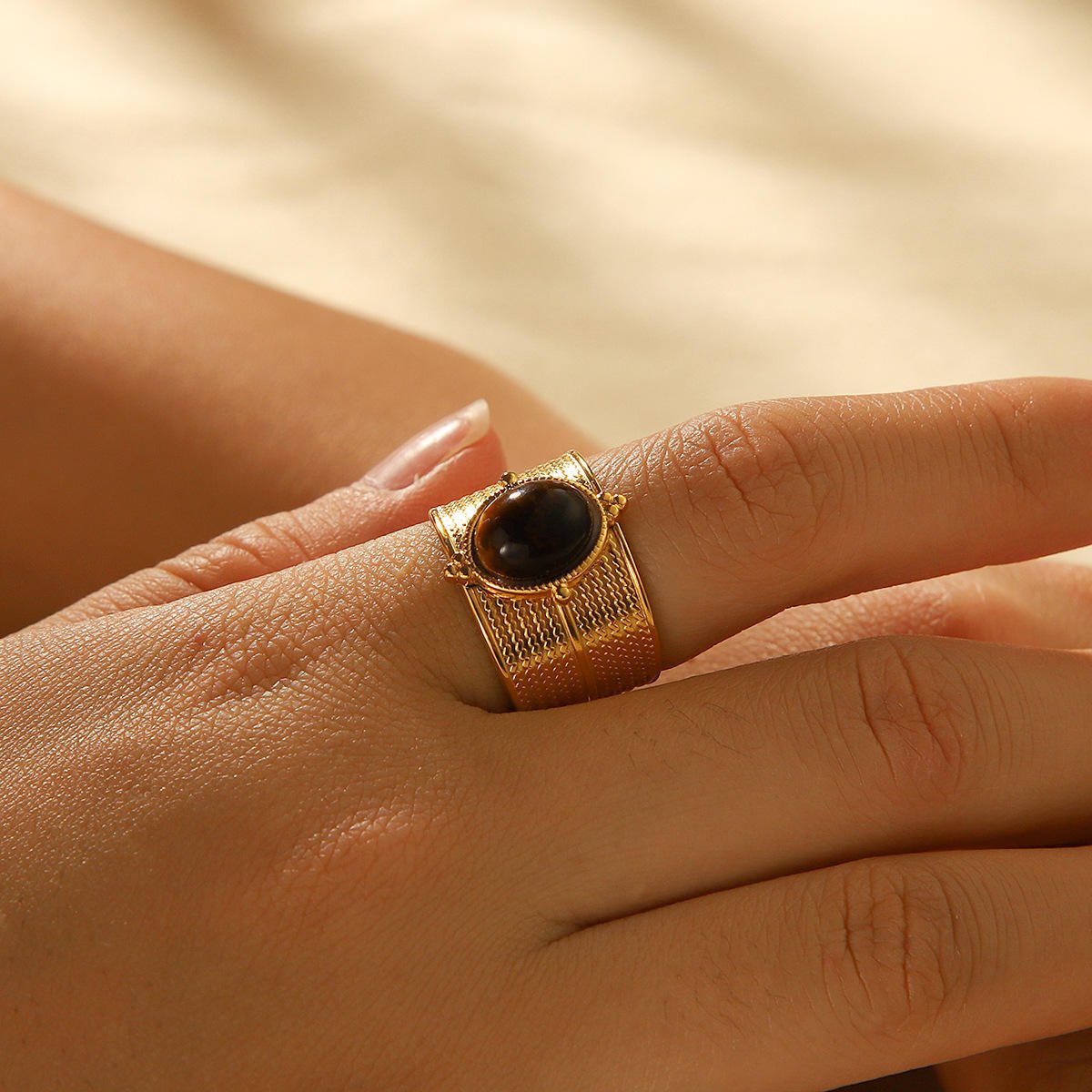 Tiger Bead Wide Open Ring – Bold Nature-Inspired Statement - Image 2