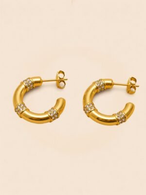 Zircon Bamboo C-Shaped Earrings – Sparkle Meets Structure in 18K Gold